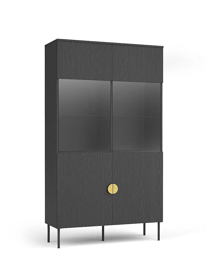 Vitrine mit zwei Glastüren Amfipoli 01, Soft-Close-Funktion, Farbe: Schwarz mit Holzstruktur, acht Fächer, Griffe & Beine: Gold, Maße: 187,5 x 106,5 x 40 cm