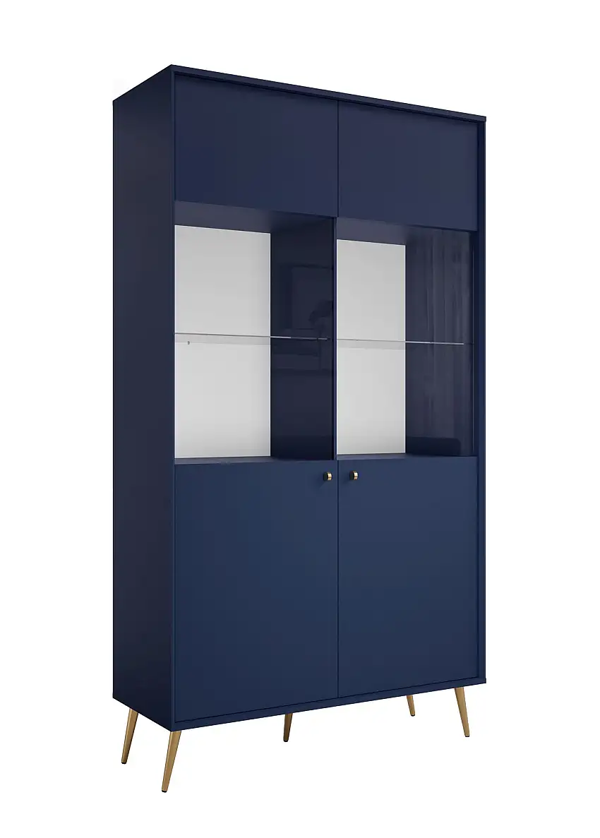 Vitrine Egaleo 01, zwei Glaseinlegeböden, Farbe: Dunkelblau, 10 Fächer, Griffe & Beine: Gold, Maße: 191 x 105,5 x 40,5 cm, elegantes Design