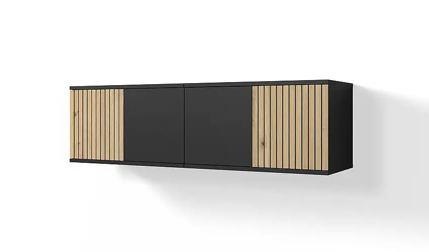 TV-Board / TV-Schrank Valtierrilla 01, vier Türen, Farbe: Schwarz / Eiche Artisan, Push-to-open Funktion, Maße: 40 x 140 x 40 cm, für Wohnzimmer