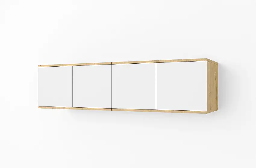 TV-Unterschrank / TV-Schrank Jaralillo 06, Push-to-open Funktion, Farbe: Eiche Artisan / Weiß, vier Türen, acht Fächer, Maße: 40 x 140 x 40 cm