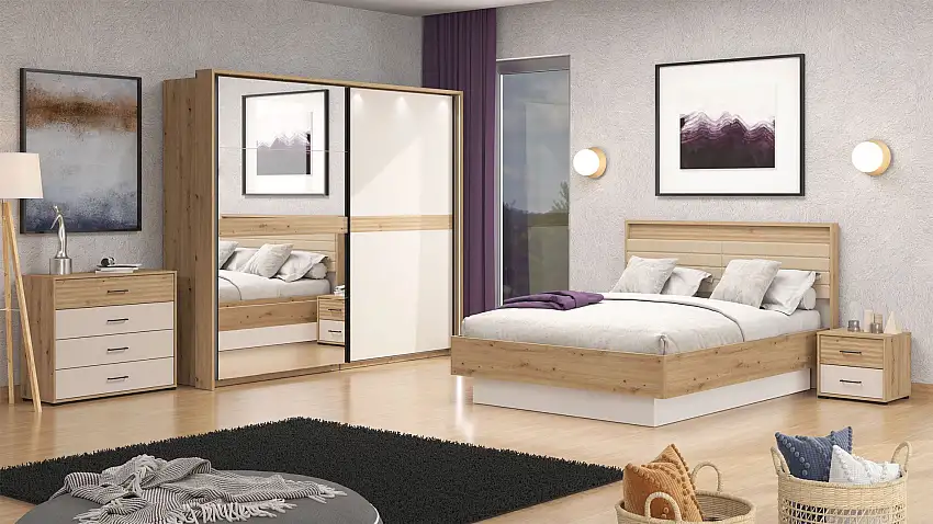 Schlafzimmer Komplett - Set A Irigo, 6-teilig, Farbe: Eiche Artisan / Kaschmir, eine Kommode, ein Kleiderschrank mit Rahmen, ein Doppelbett und zwei Nachtkommoden