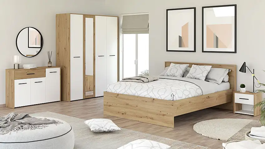 Schlafzimmer Komplett - Set A Brus, 4-teilig, Farbe: Eiche Artisan / Weiß, ein Doppelbett, zwei Nachtkommoden, ein Kleiderschrank und eine Kommode