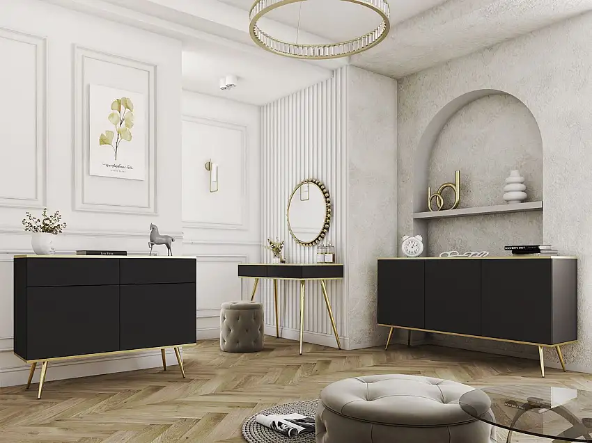 Wohnzimmer - Set F Horsham, 3-teilig, Farbe: Schwarz, Push-to-open Funktion, eine schmale Kommode, ein Sideboard, ein Schminktisch, ABS-Kanten, Beine: Gold