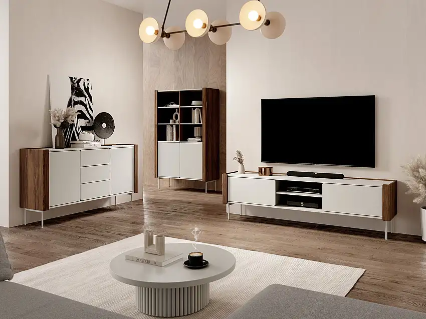 Wohnzimmer - Set A Middleham, 3-teilig, Farbe: Kaschmir / Walnuss Warmia, ABS-Kanten, Soft-Close-Funktion, modernes Design, ein TV-Schrank, eine Kommode, ein Schrank