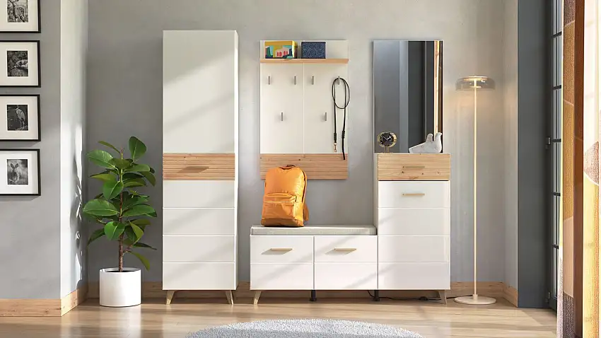 Garderobe Komplett - Set A Bineva, 2-teilig, Farbe: Eiche Artisan / Weiß / Weiß Hochglanz, ein Garderobenschrank und eine Kommode, Schuhschrank mit Sitzkissen, Spiegel und Garderobe mit 6 Haken