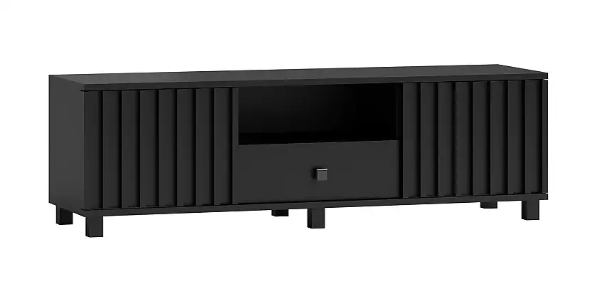 TV-Unterschrank in Schwarz, 43 x 140 x 50 cm, mit 2 Türen, 1 Schublade und 3 Fächern, Soft Close System, ABS-Kanten, Metallbeine