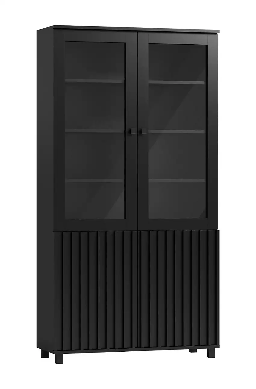 Vitrine in Schwarz, 200 x 106 x 40 cm, mit 2 Glastüren und 2 Holztüren, 12 Fächer, Metallbeine, ABS-Kanten, elegantes Design, quadratische Griffe