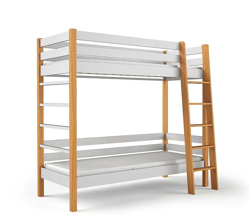 Stockbett / Etagenbett Amaja 02, Kinderbett in Weiß / Eiche Natur, Kiefernholz massiv, Liegefläche: 80 x 190 cm, Stockbett, inklusive Lattenrost