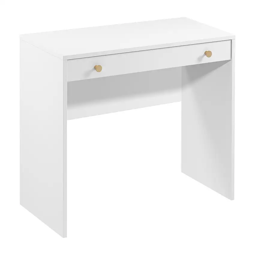 Weißer Schreibtisch Ersigen 01, 76 x 90 x 40 cm, edle Metallgriffe in Gold, ABS Kantenschutz, Schminktisch, mit 1 großen geräumigen Schublade