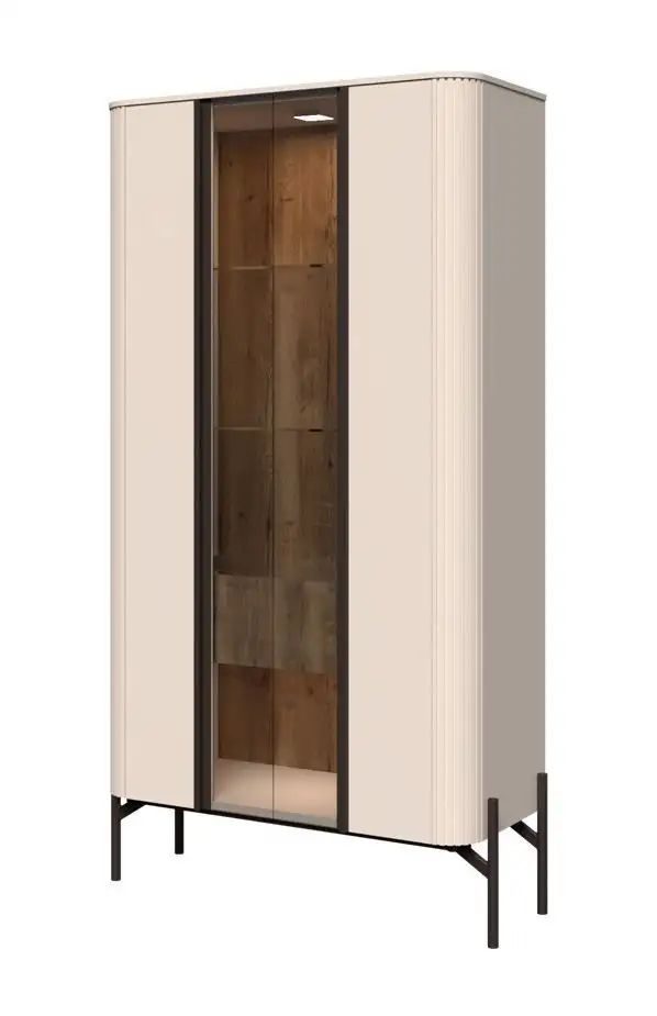 Vitrine mit LED-Beleuchtung | Kaschmir | 180 x 94 x 40 cm | 2 Glastüren | 1 Schublade | 4 Fächern | Soft Close System | Metallbeine
