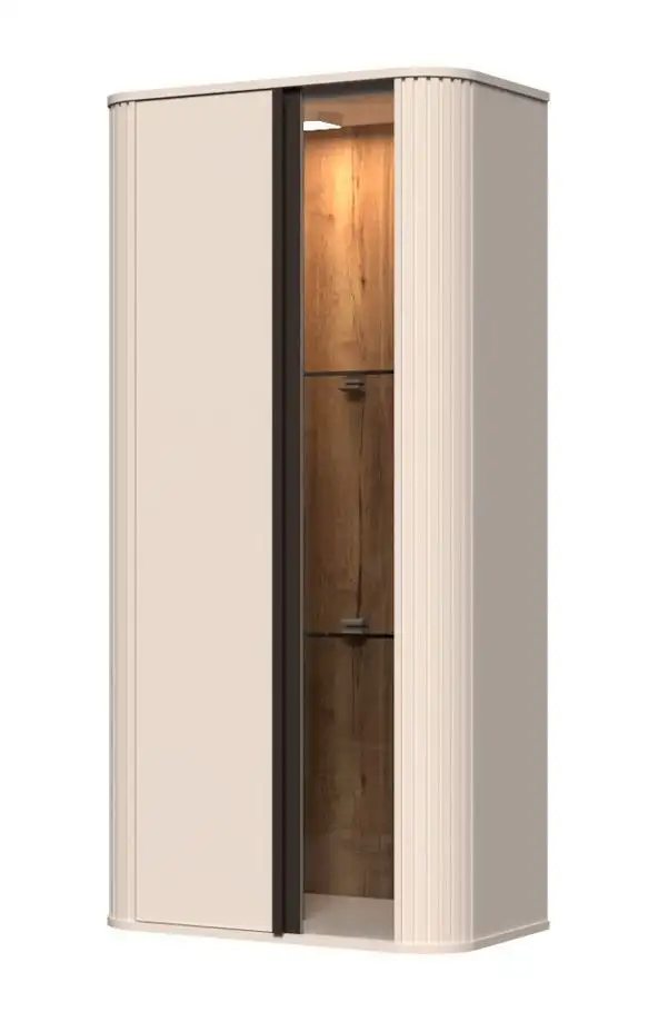 Moderne Hängevitrine mit Soft Close System | LED-Beleuchtung | Kaschmir | 117 x 58 x 30 cm | 1 Glastür | 3 Fächer | 2 Glaseinlegeböden