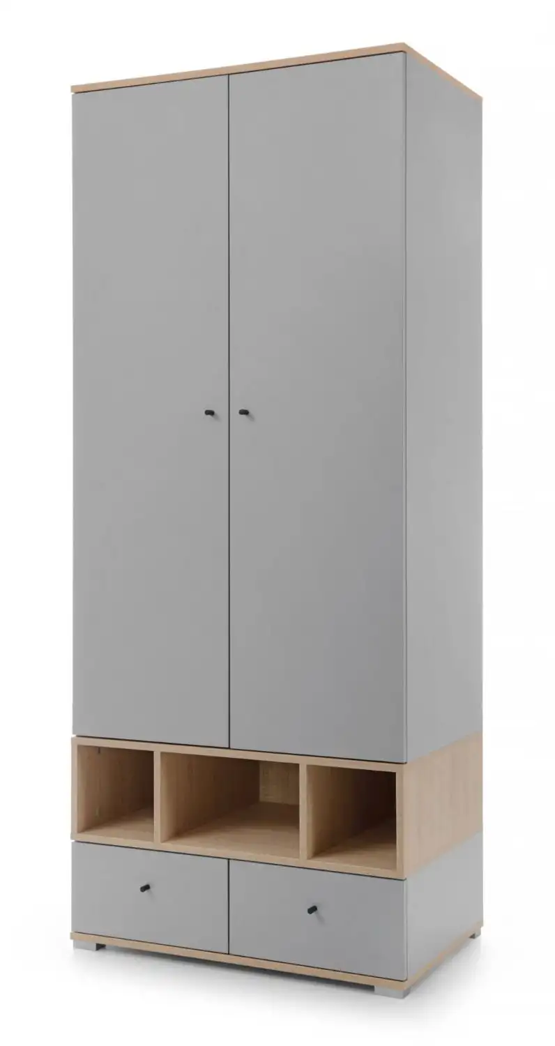 Kleiderschrank in Eiche / Grau, 195 x 80 x 50 cm, mit 2 Drehtüren, 2 Schubladen und 1 Kleiderstange, Jugendzimmerschrank, ABS-Kanten