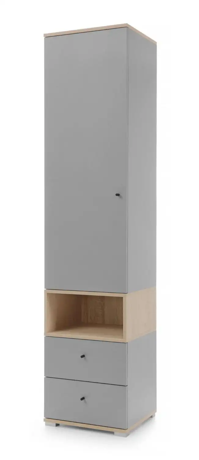 Schlichter Schrank, 195 x 45 x 40 cm, Eiche / Grau, mit 1 Drehtür, 2 Schubladen und 5 Fächern, Jugendzimmerschrank, ABS-Kanten