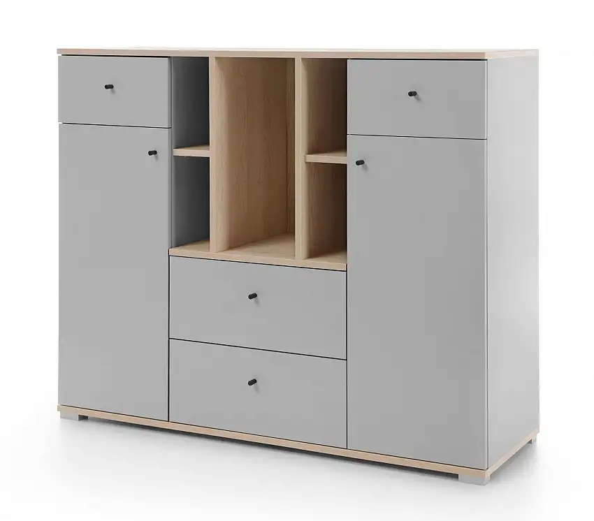 Geräumige Kommode in Eiche / Grau, 100 x 120 x 40 cm, ABS-Kanten, Jugendzimmerkommode, 5 offene Fächer, 2 Türen und 4 Schubladen, kleine schwarze Griffe