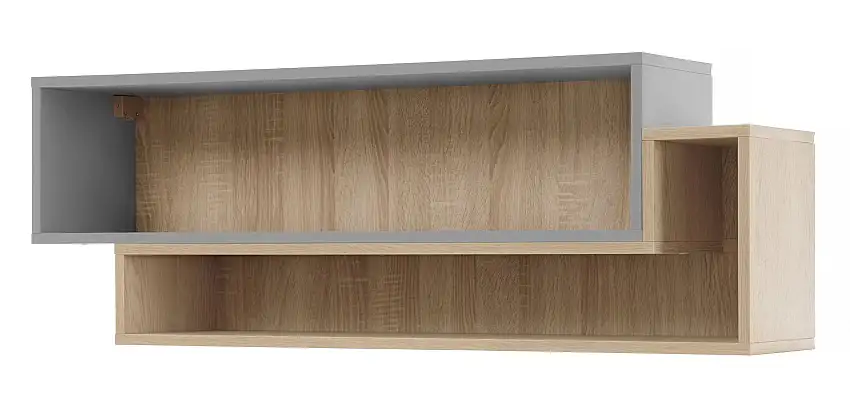 Wandregal in Eiche / Grau, Hängeregal für Jugendzimmer, 40 x 115 x 25 cm, ABS-Kanten, mit 2 großen offenen Fächern, stabil und langlebig