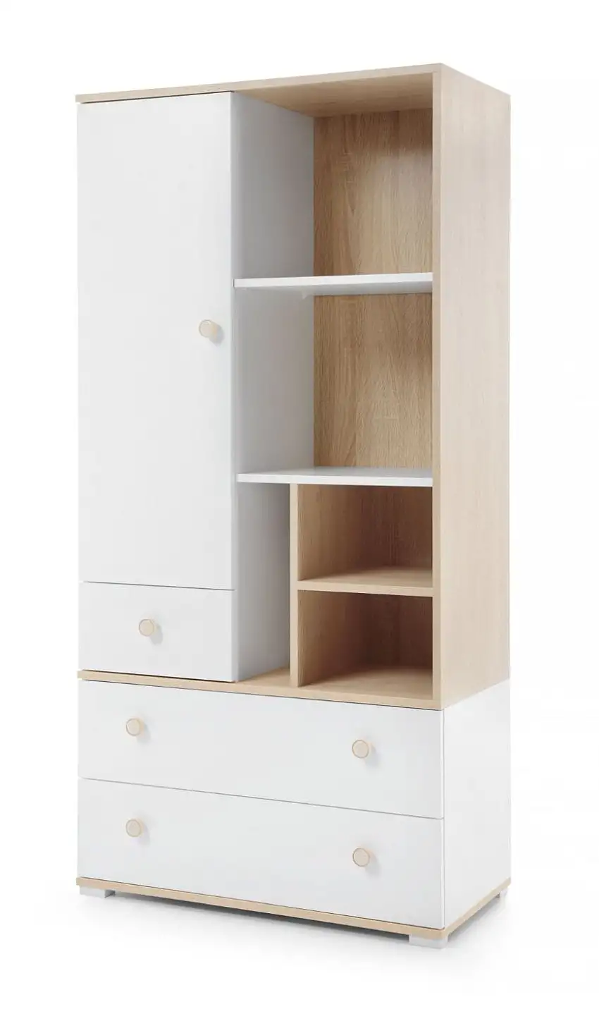 Moderner Schrank Asbeek 03, Eiche / Weiß, 165 x 80 x 40 cm, mit 1 Tür, 3 Schubladen und 8 Fächern, Kinderzimmerschrank, ABS-Kanten