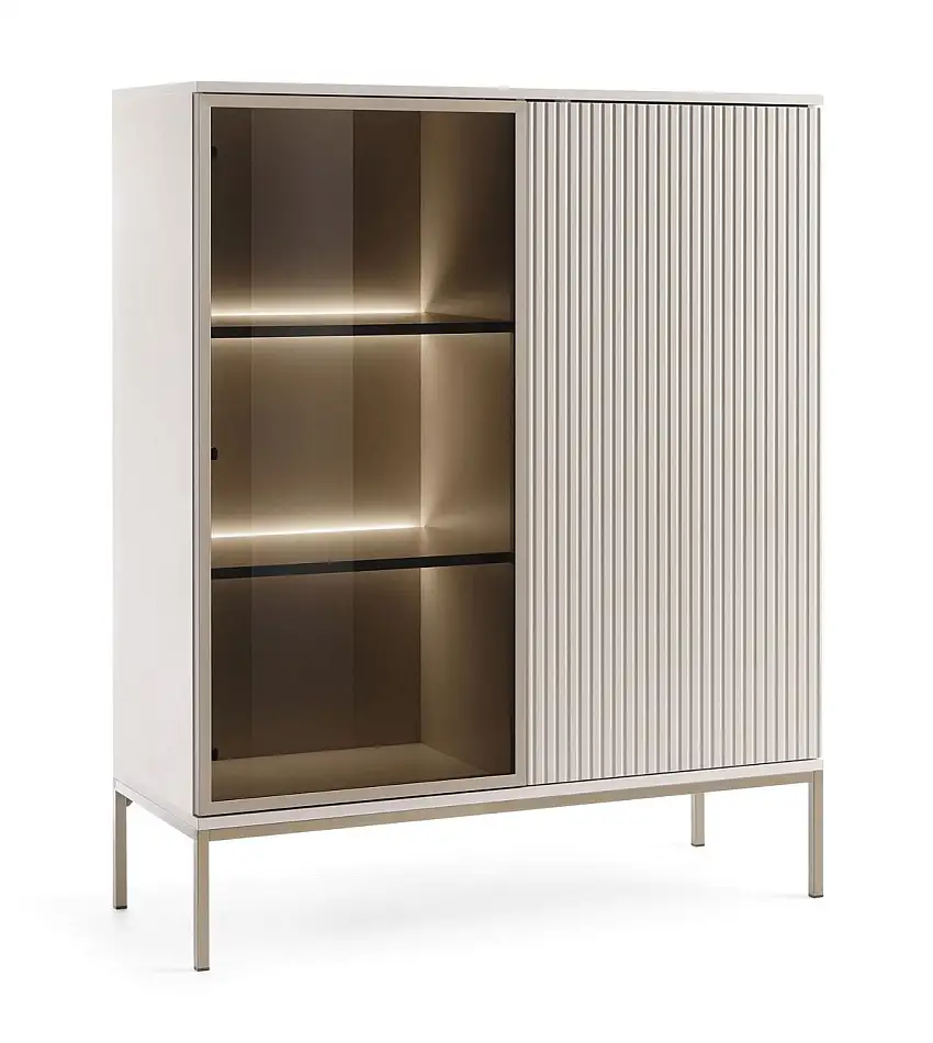 Vitrine mit LED-Beleuchtung, in Kaschmir, 126 x 104 x 39 cm, mit 2 Türen und 6 Fächern, Push-to-open Funktion, ABS-Kanten, elegantes Design mit Glastür